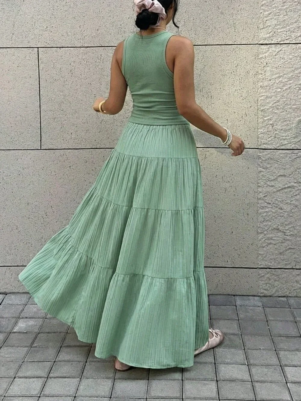 Mint Green Casual Women's Round Neck Tank Top And Midi Skirt Set, Plus Size